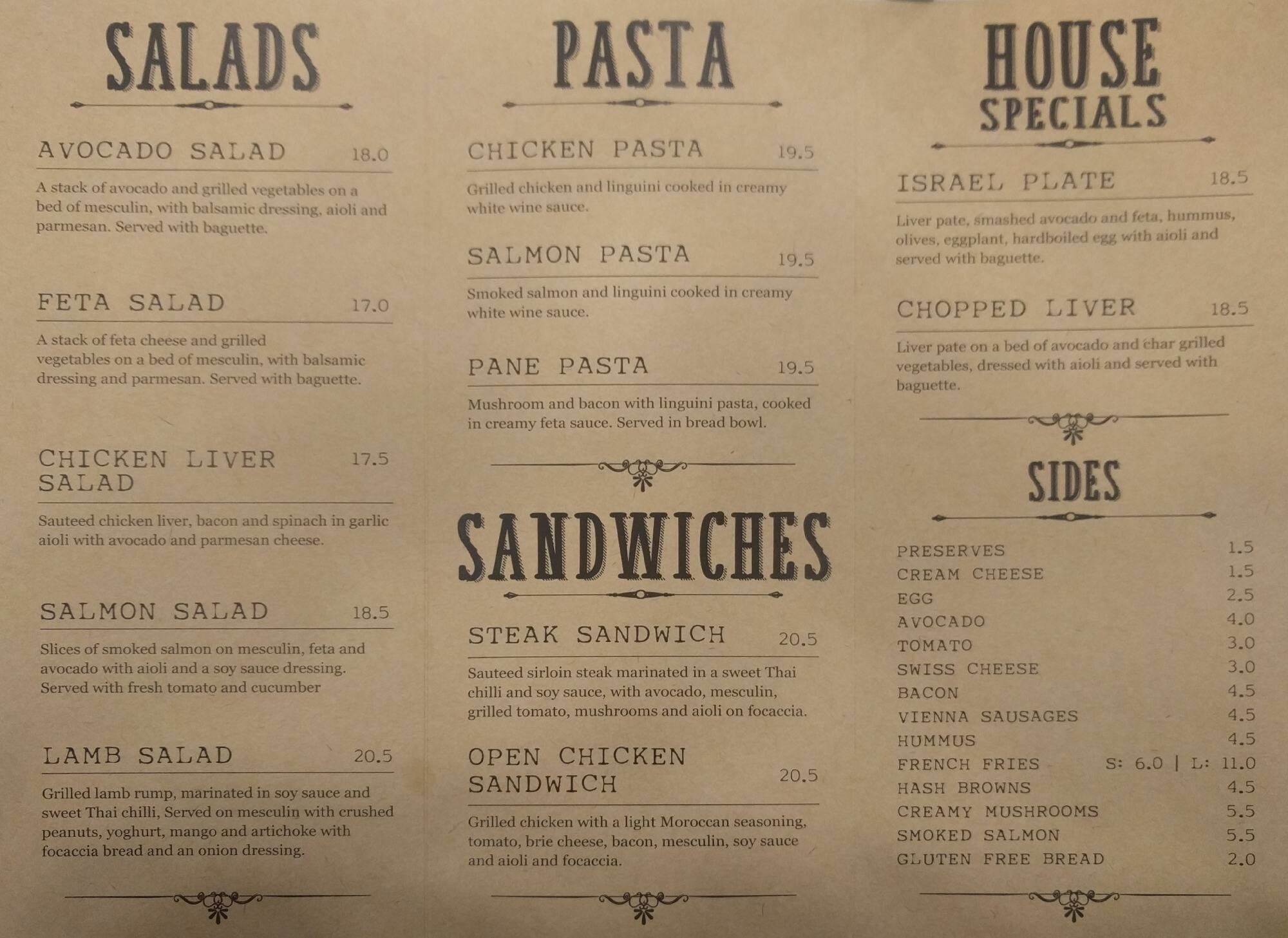 Carta de Sheinkin Cafe