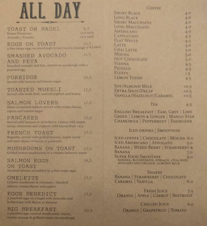 Carta de Sheinkin Cafe