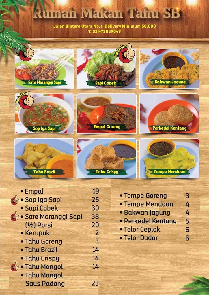 Menu at Rumah makan Tahu SB restaurant, South Jakarta