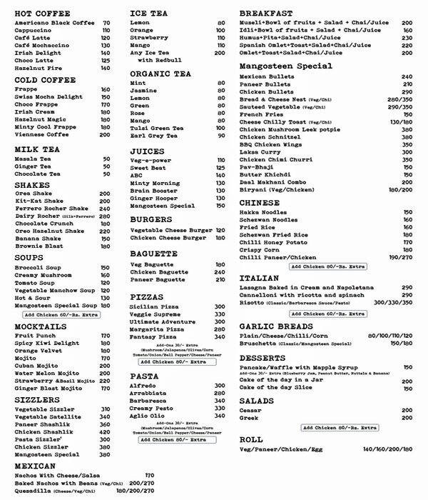 Mangosteen Cafe Menu, Menu for Mangosteen Cafe, New Palasia, Indore