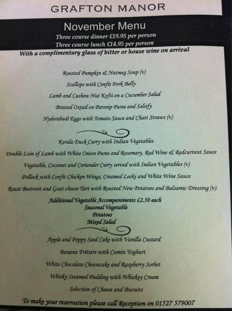 Grafton Manor menu