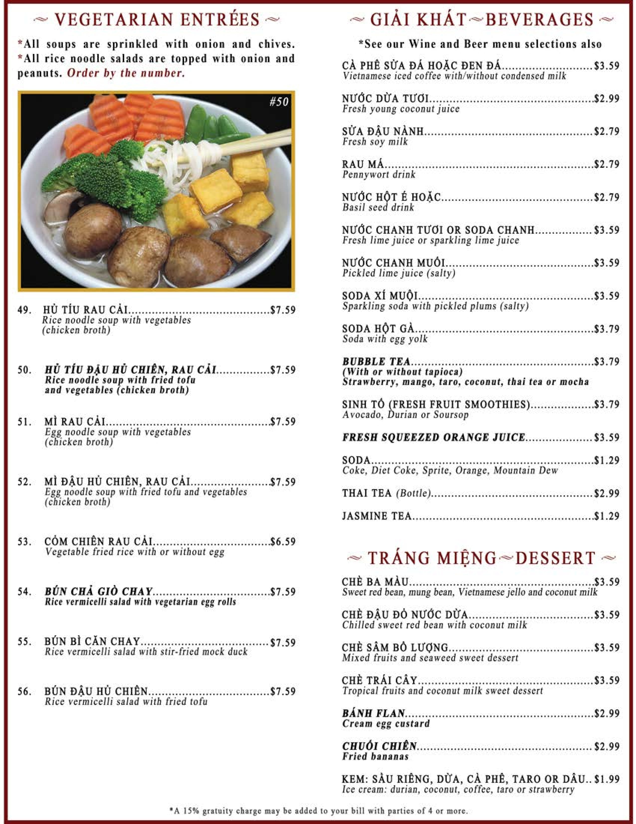 Menu at Pho 79 restaurant, Minneapolis