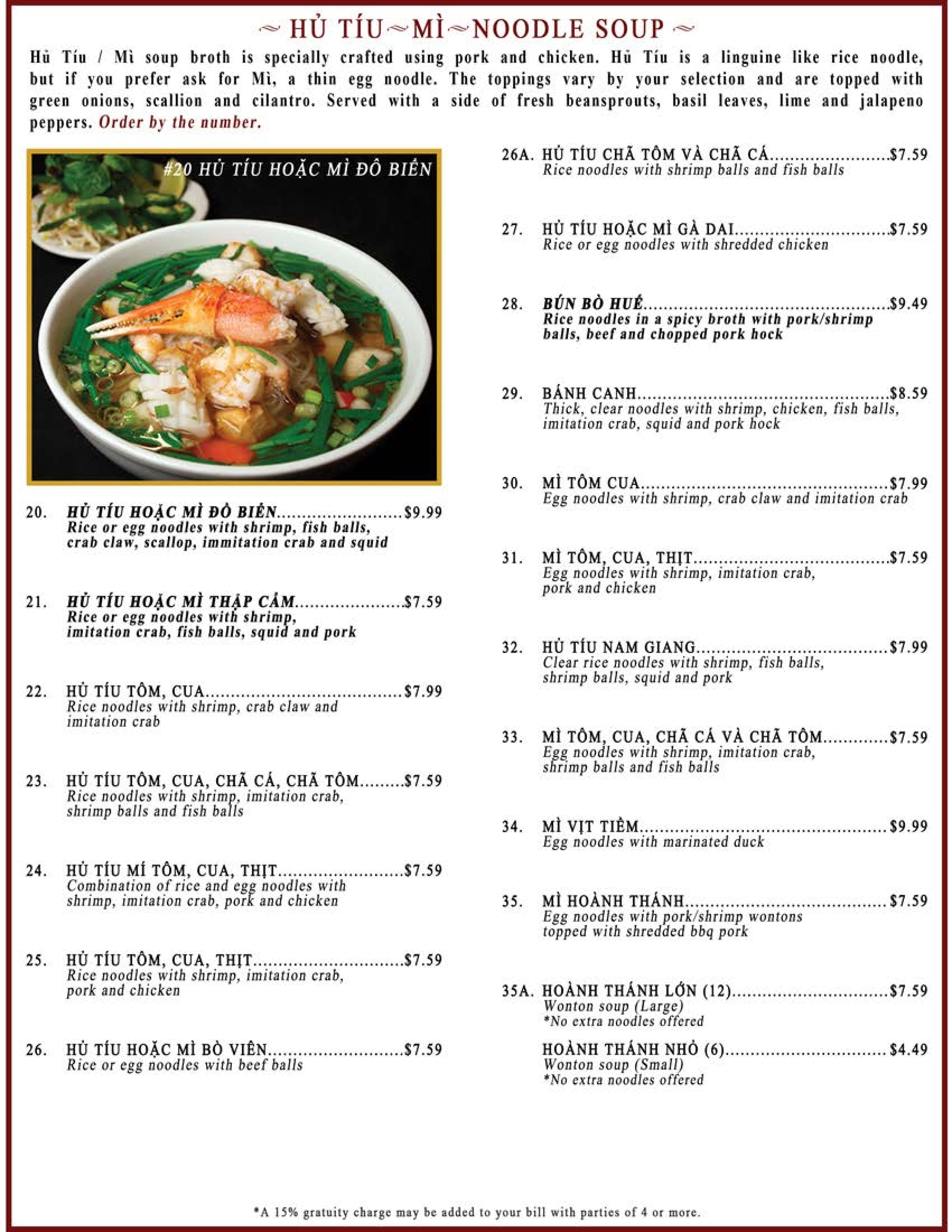 Menu at Pho 79 restaurant, Minneapolis