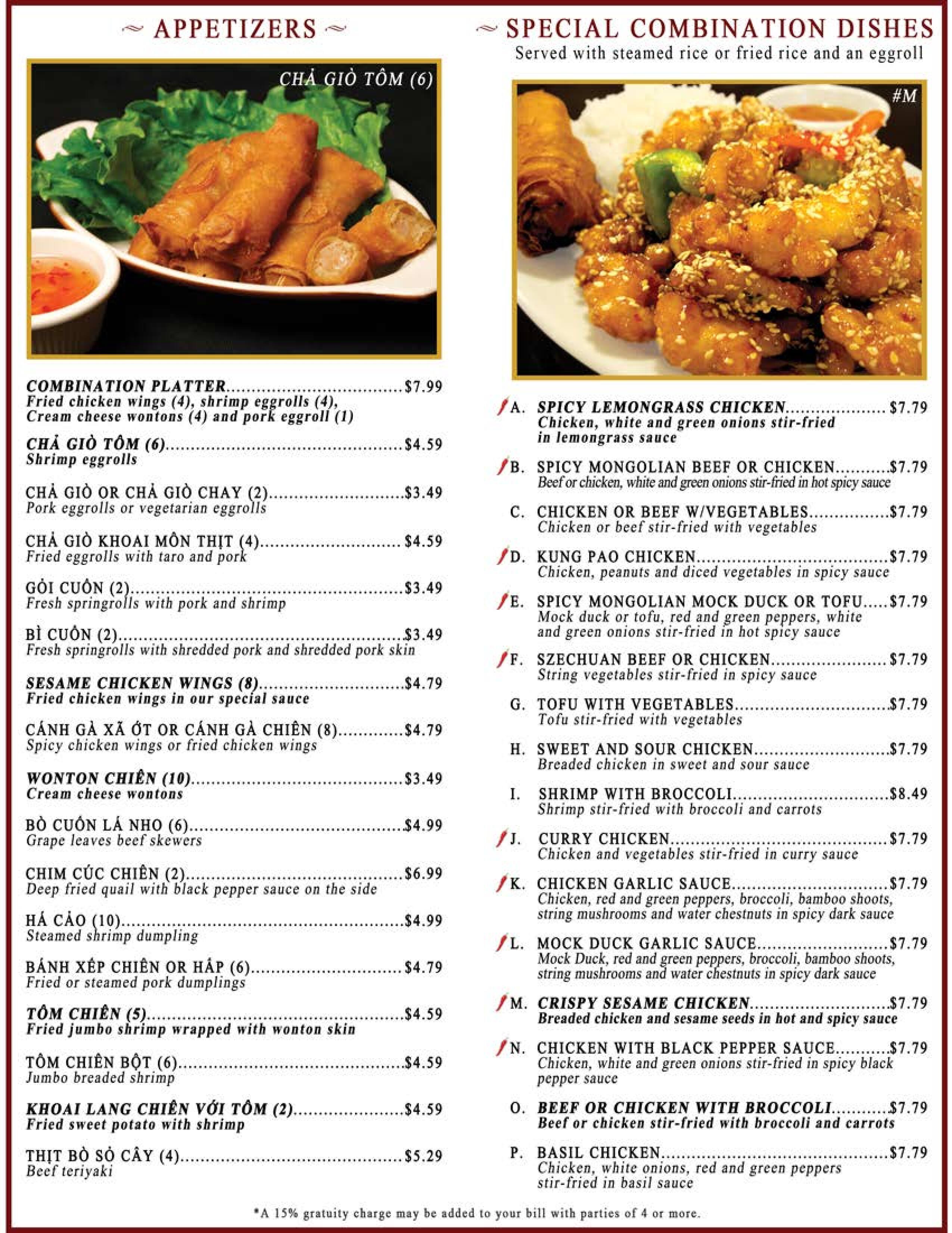 Menu at Pho 79 restaurant, Minneapolis