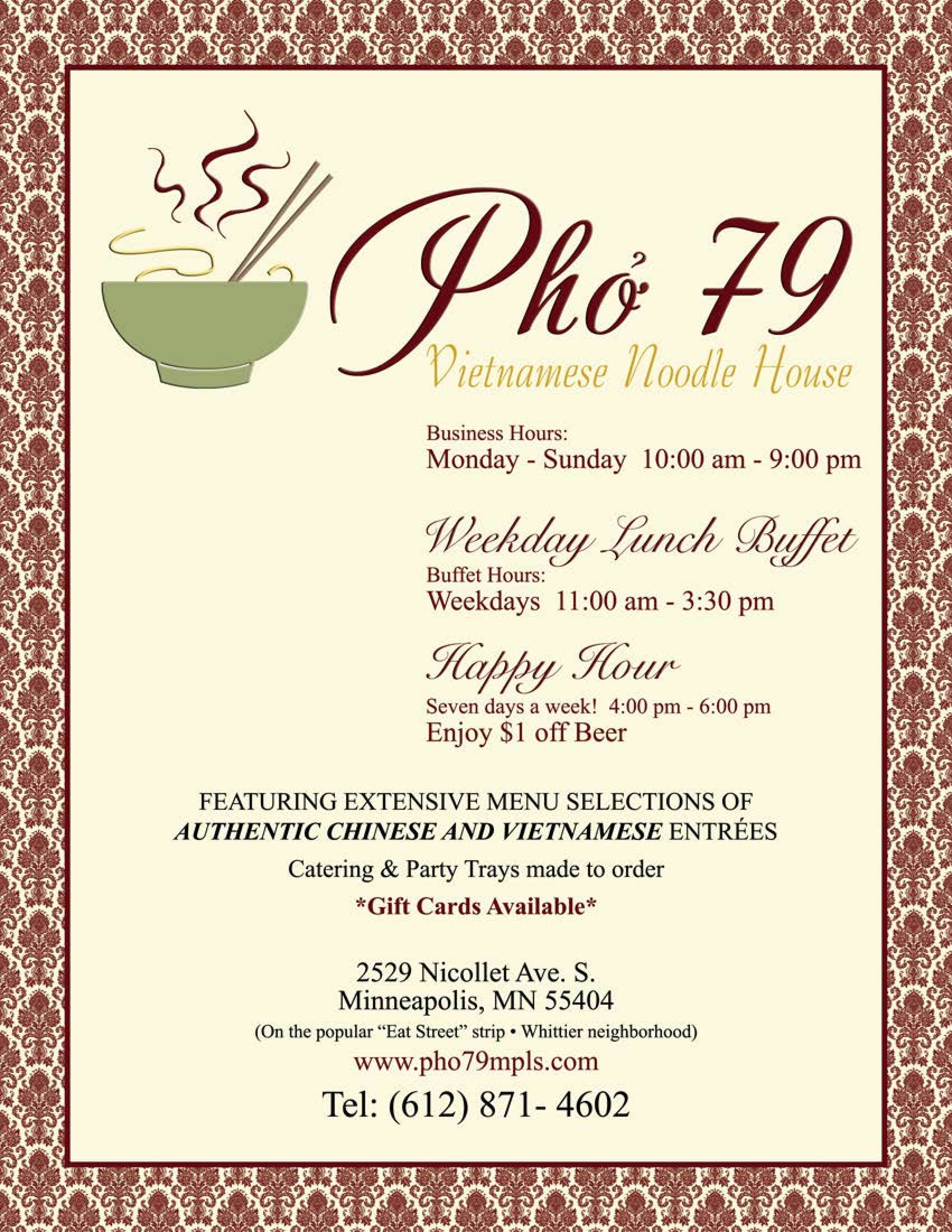 Menu at Pho 79 restaurant, Minneapolis
