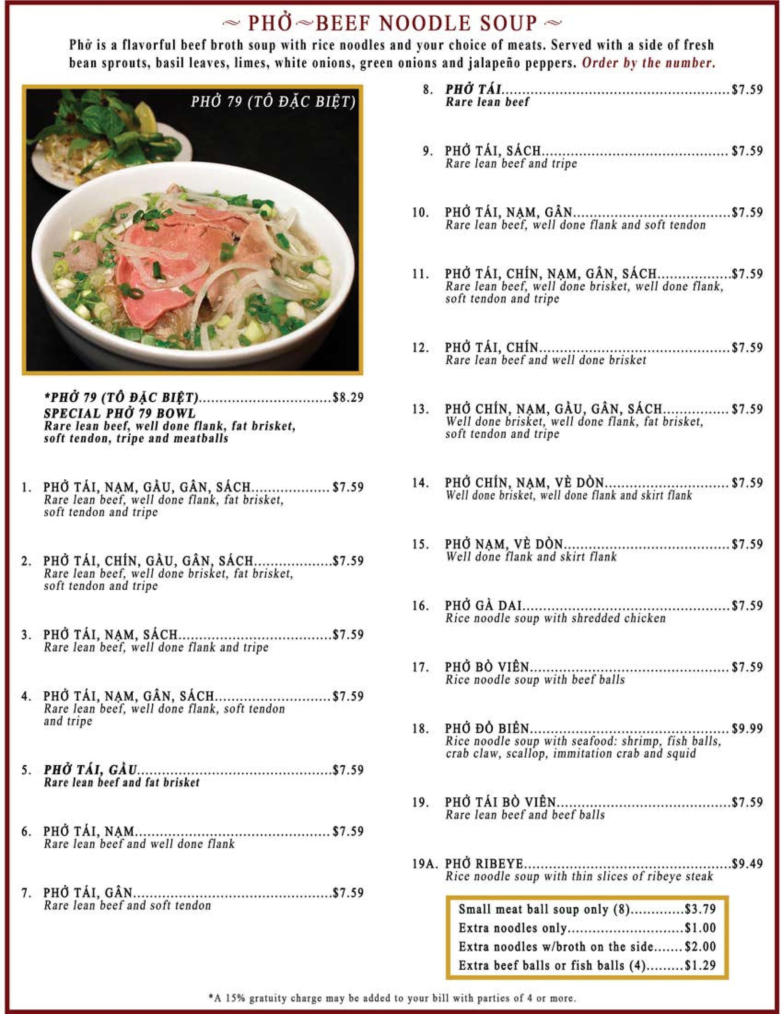 Menu at Pho 79 restaurant, Minneapolis