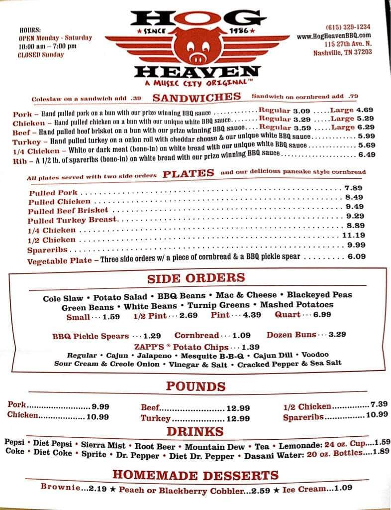 Hog Heaven Menu, Menu for Hog Heaven, Belmont/Vanderbilt