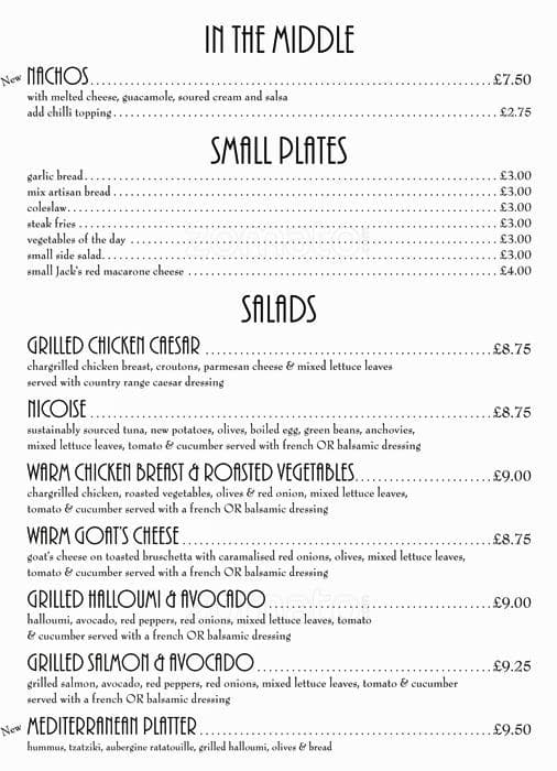 Menu at Cafe Jack’s, London, 101 Salusbury Rd
