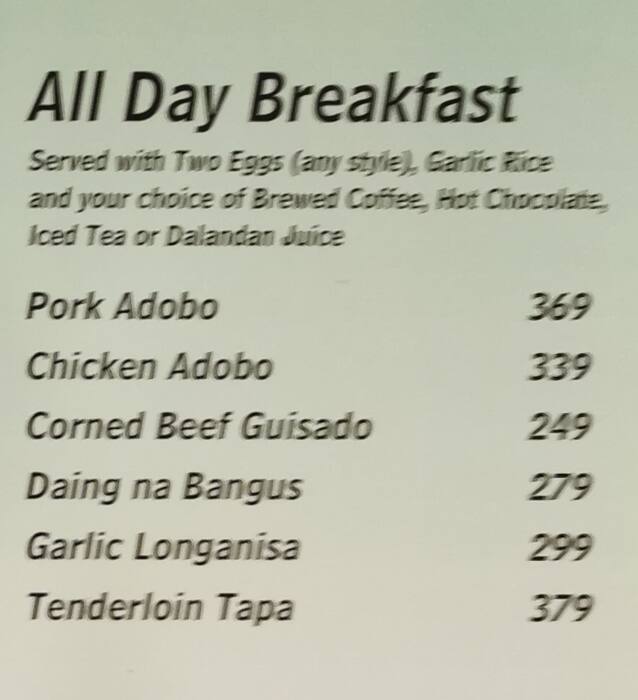 Menu at Alex III restaurant, San Juan, Wilson
