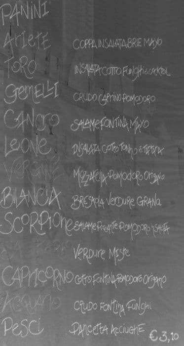 Menu di Zodiaco Bar 