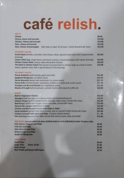 Cafe Relish Menu, Menu for Cafe Relish, Castle Hill, Sydney