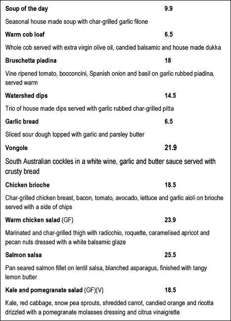 Menu at The Watershed Function Centre & Cafe, Mawson Lakes