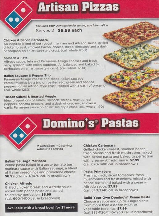 Carta De Pizzeria Domino S Pizza Nueva York 196 Stanton St