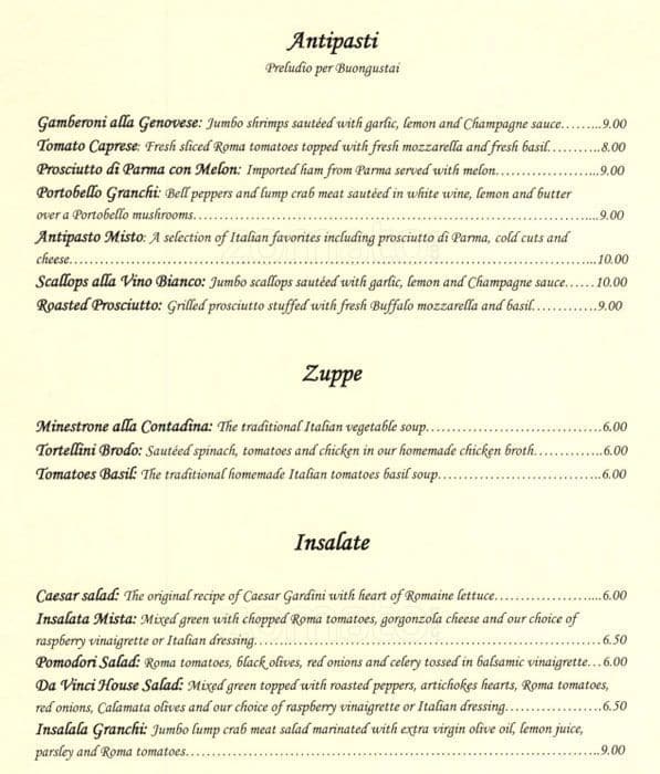 Menu at Da Vinci Ristorante Italiano pub & bar, Katy