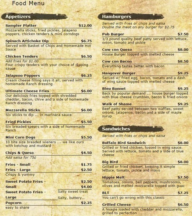 Menu at Porch Swing Pub, Houston