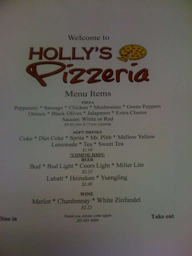 Holly's Pizzeria Menu, Menu for Holly's Pizzeria, Hoover, Birmingham Urbanspoon/Zomato