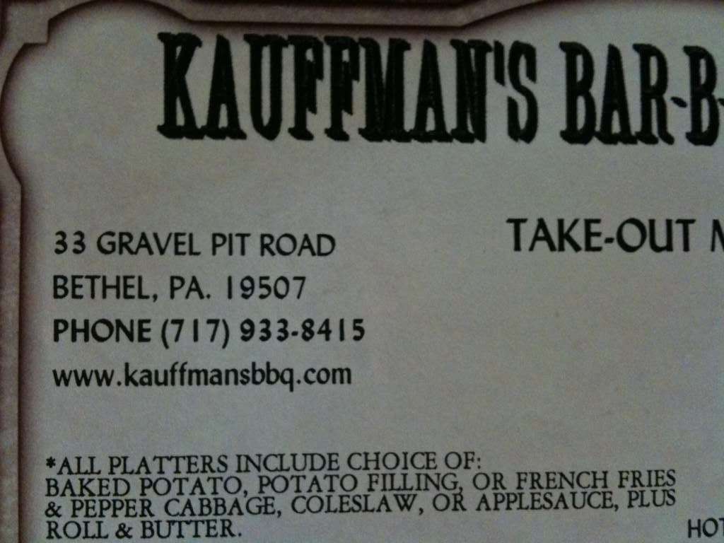 Menu at Kauffman's BarBQue Restaurant, Bethel
