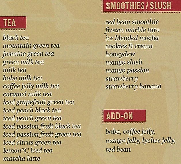 Menu at 85 Degrees Celsius cafe, Cupertino