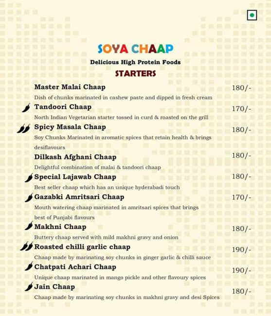 Menu of Naintara, Abids, Hyderabad