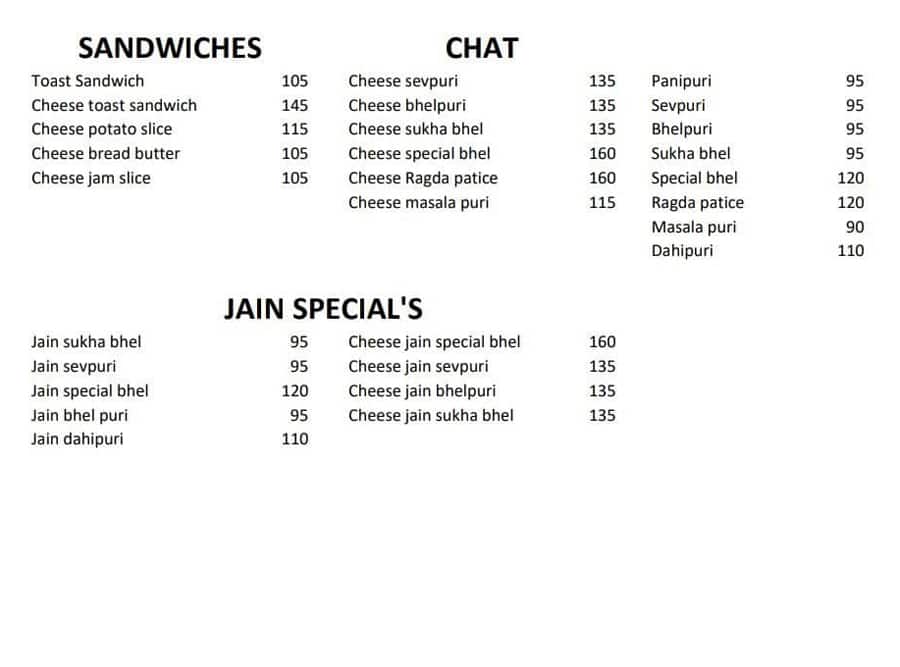 Menu of Jagdamba Bhel Puri House, Vasai, Mumbai