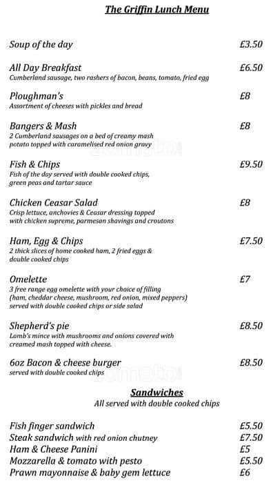 Menu At The Griffin, Brentford Pub & Bar, Brentford, Brook Rd S