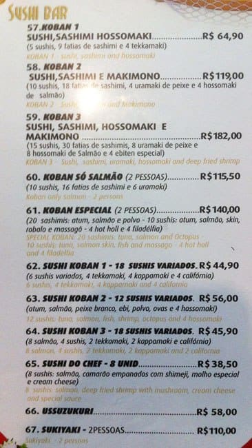 Koban cardápio