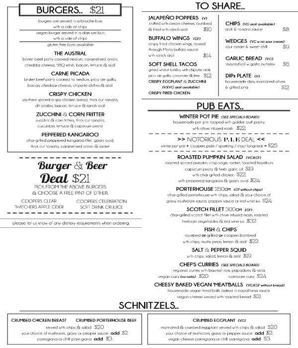 Menu at The Austral pub & bar, Adelaide