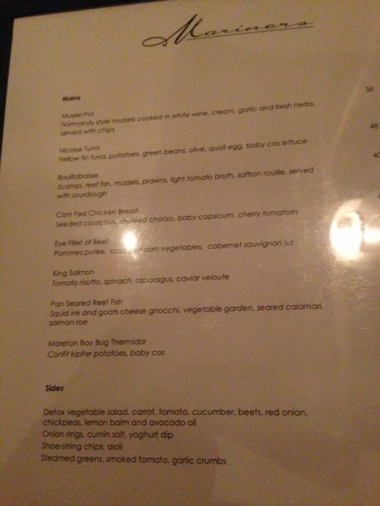 Menu at Mariners Restaurant, Hamilton Island, Front St