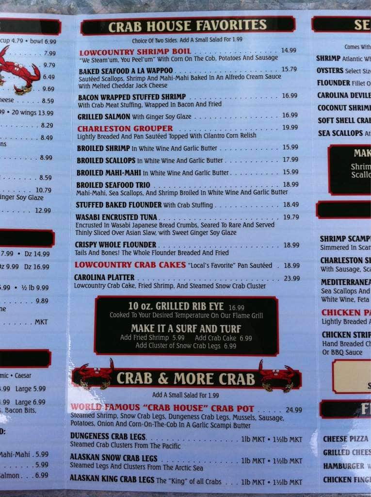 Menu at Charleston Crab House restaurant, Charleston, 41 S Market St