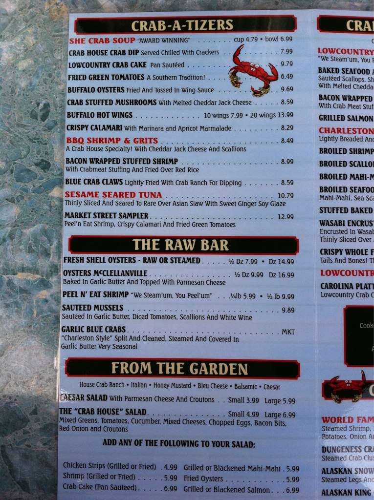 Menu at Charleston Crab House restaurant, Charleston, 41 S Market St