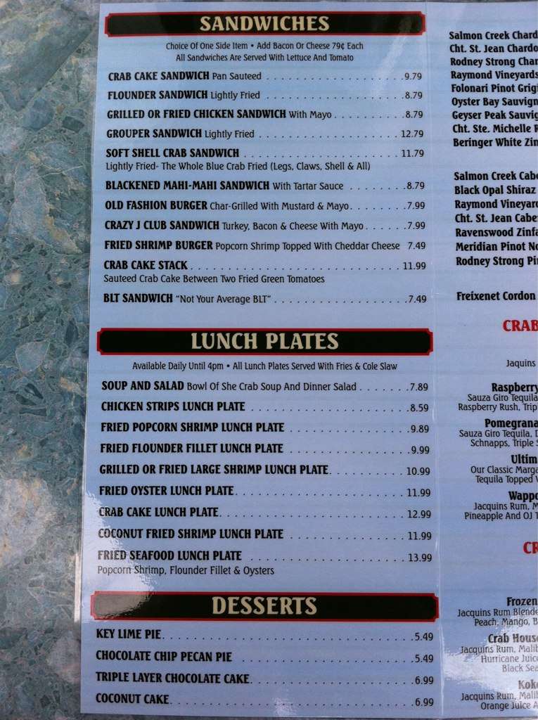 Menu at Charleston Crab House restaurant, Charleston, 41 S Market St