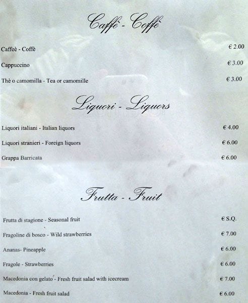 Menu di Galleria Sciarra 