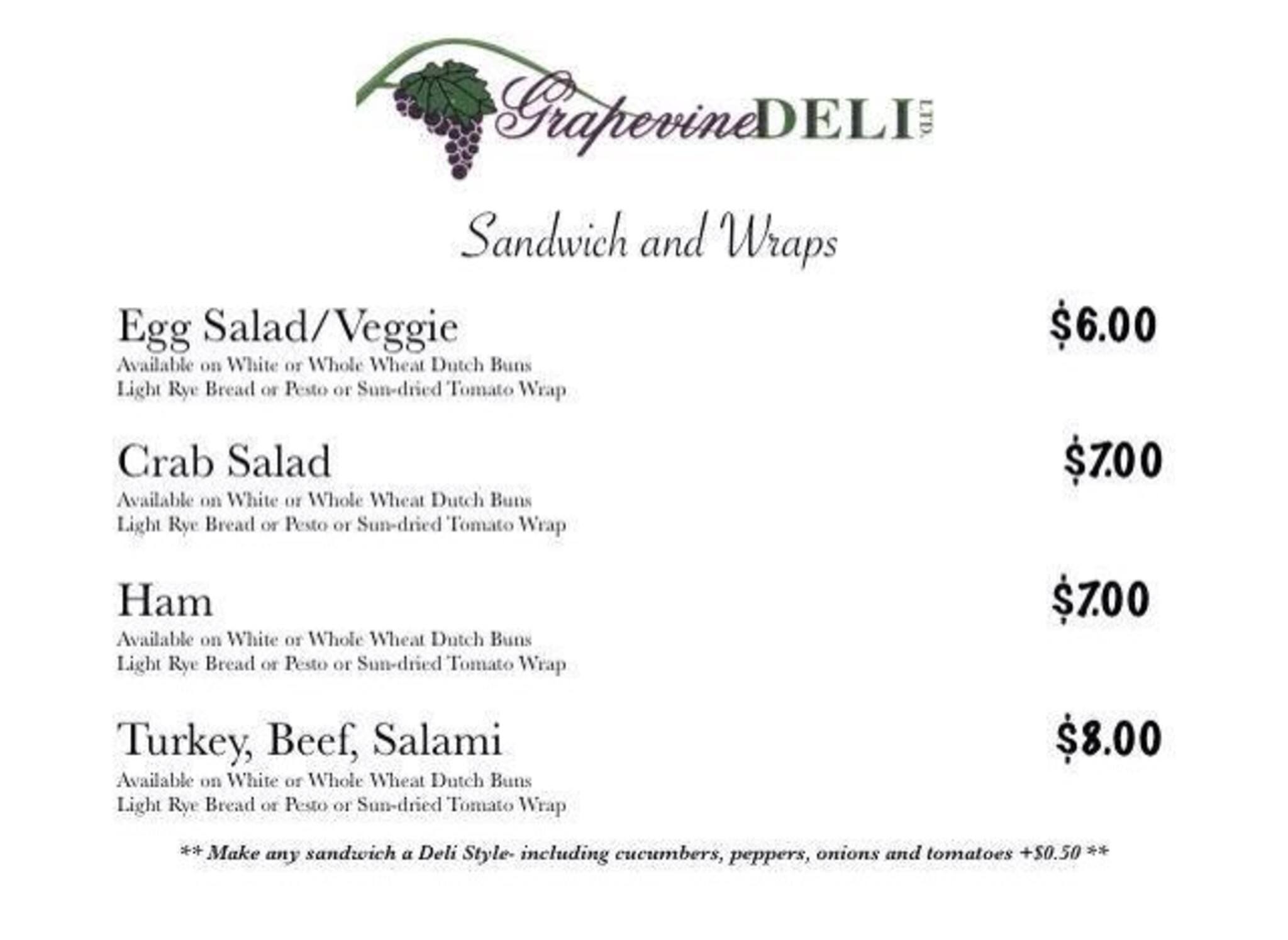 Grapevine Deli Menu, Menu for Grapevine Deli, St Albert, Edmonton