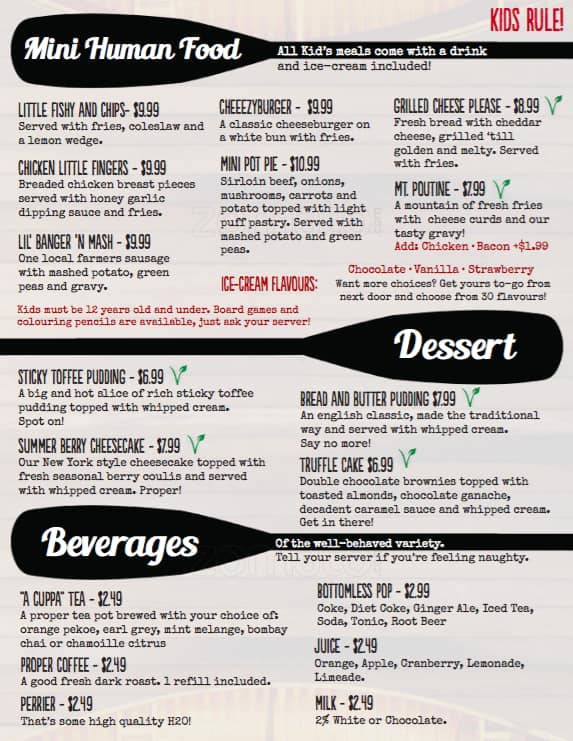 Menu at Canoe & Paddle pub & bar, Lakefield