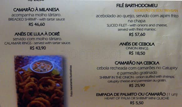 Barthodomeu cardápio