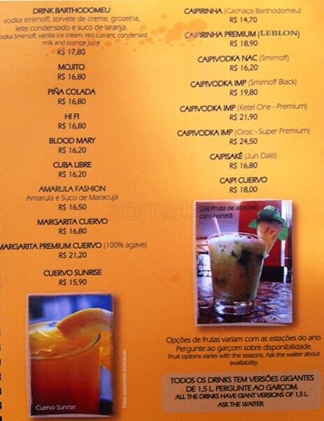 Barthodomeu cardápio