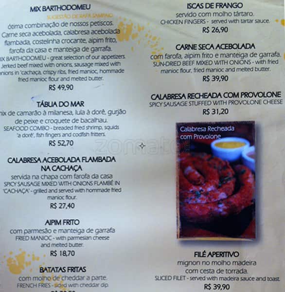 Barthodomeu cardápio