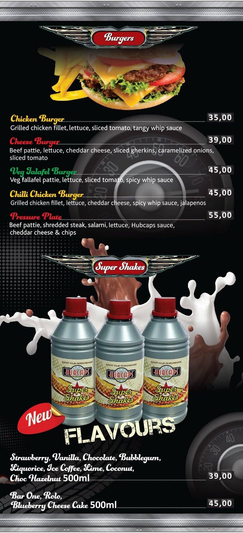 Menu at Hubcaps pizzeria, Durban, 118 Problem Mkhize Rd