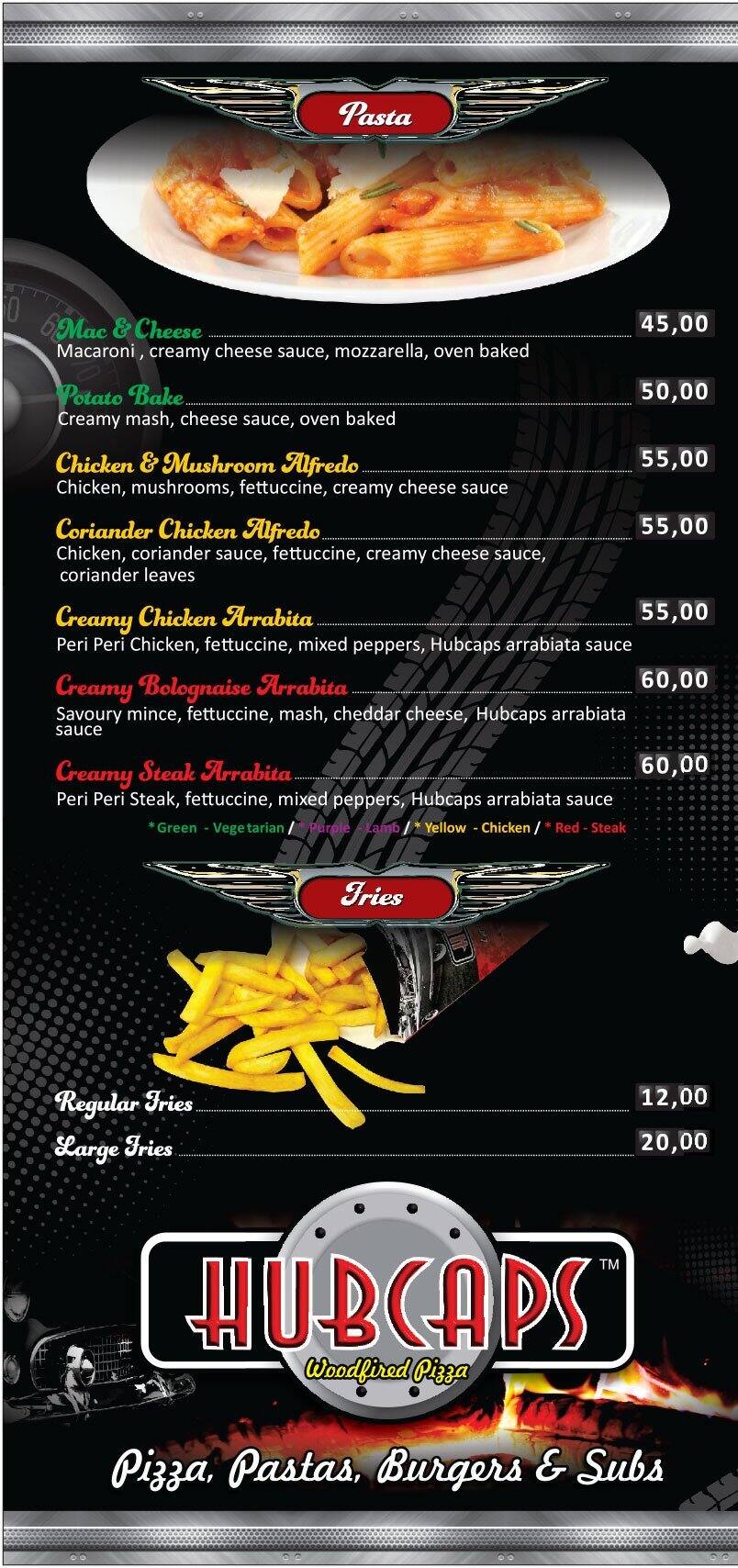 Menu at Hubcaps pizzeria, Durban, 118 Problem Mkhize Rd