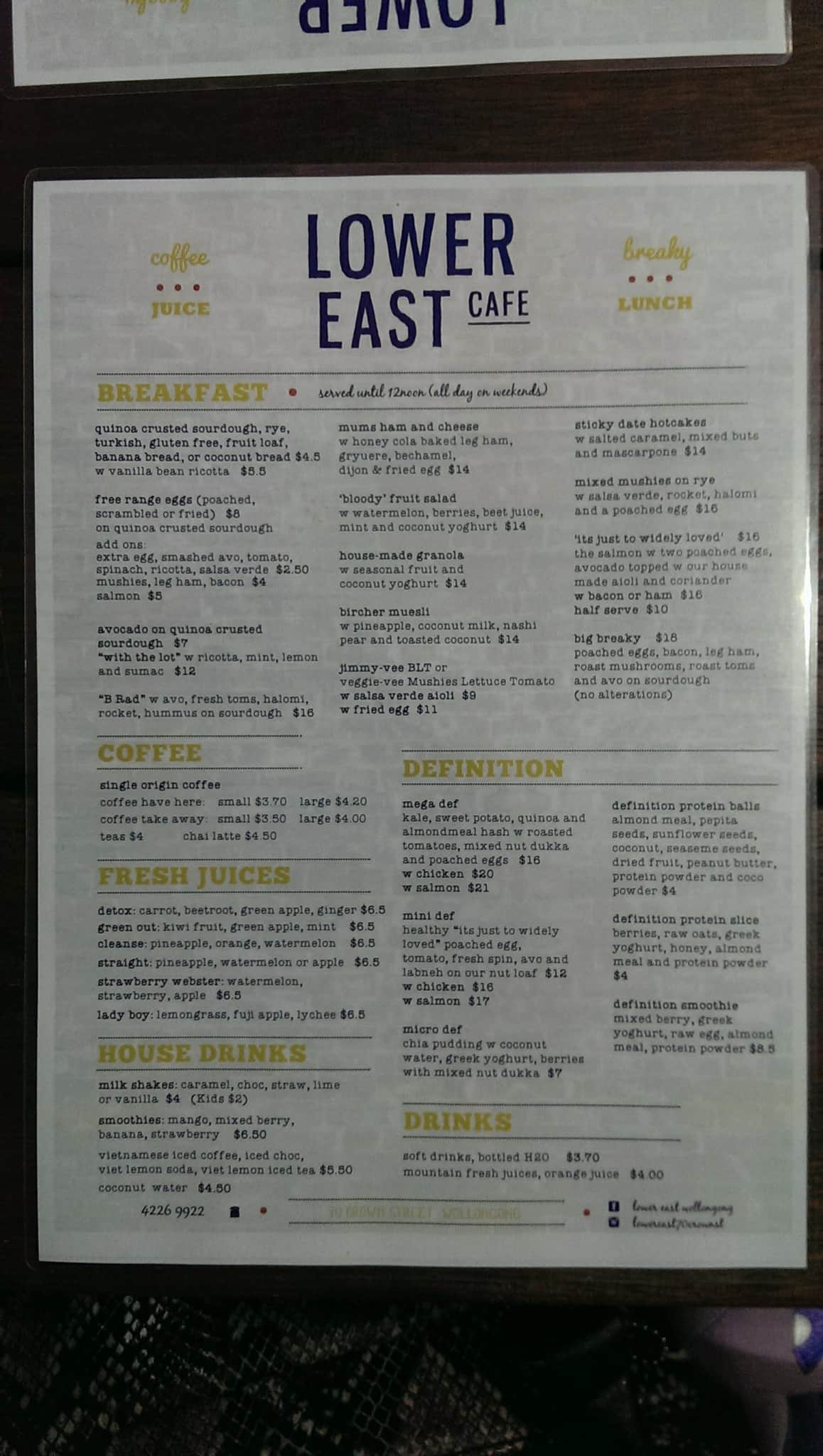 Lower East Cafe Menu, Menu for Lower East Cafe, Wollongong, Wollongong