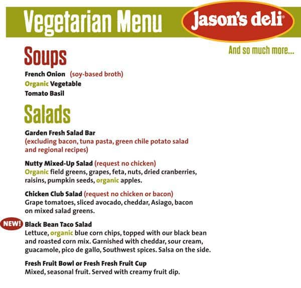 Menu at Jason's Deli restaurant, Arlington, 780 W Road to Six Flags St