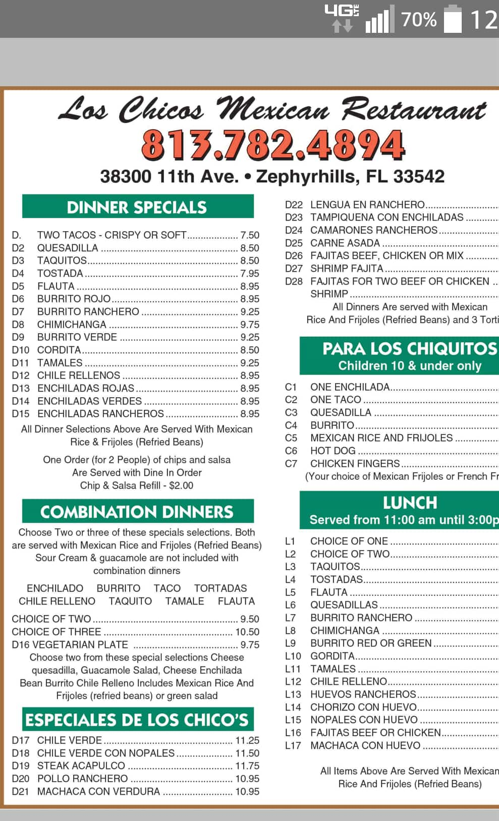 Menu at Los Chicos restaurant, Zephyrhills