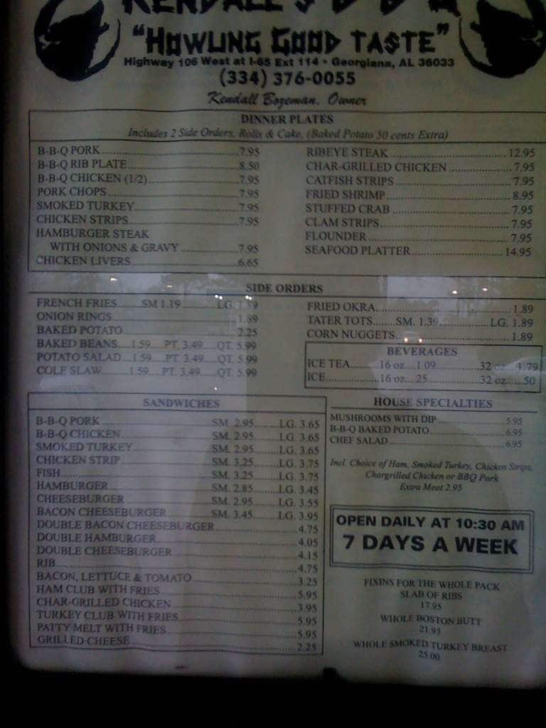 Kendall's BBQ Menu, Menu for Kendall's BBQ,