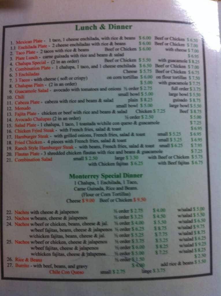 Monterrey Cafe Menu, Menu for Monterrey Cafe, Port Lavaca, Victoria
