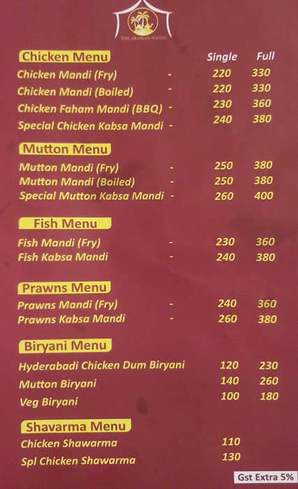 Menu Of The Arabian Mandi, Sainikpuri, Secunderabad