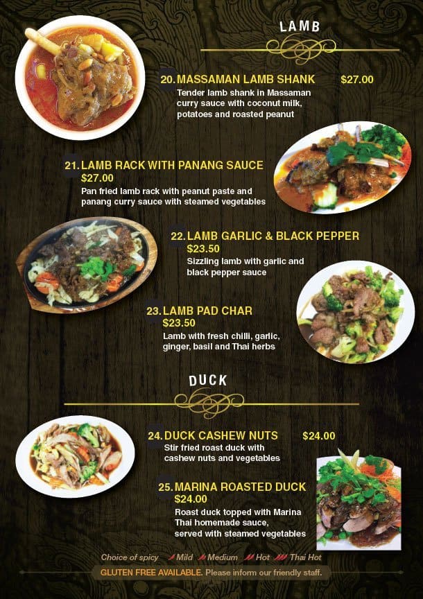 Menu at Marina Thai restaurant, Auckland