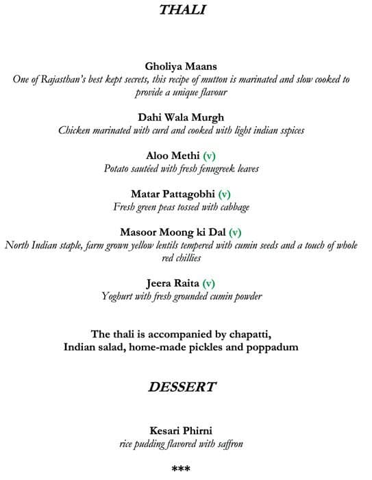 The Colonnade - Rajmahal Palace RAAS menu