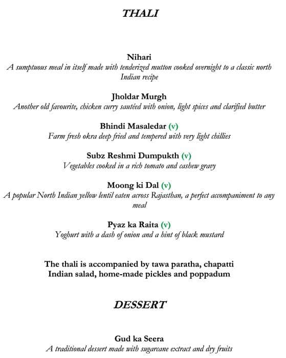 The Colonnade - Rajmahal Palace RAAS menu