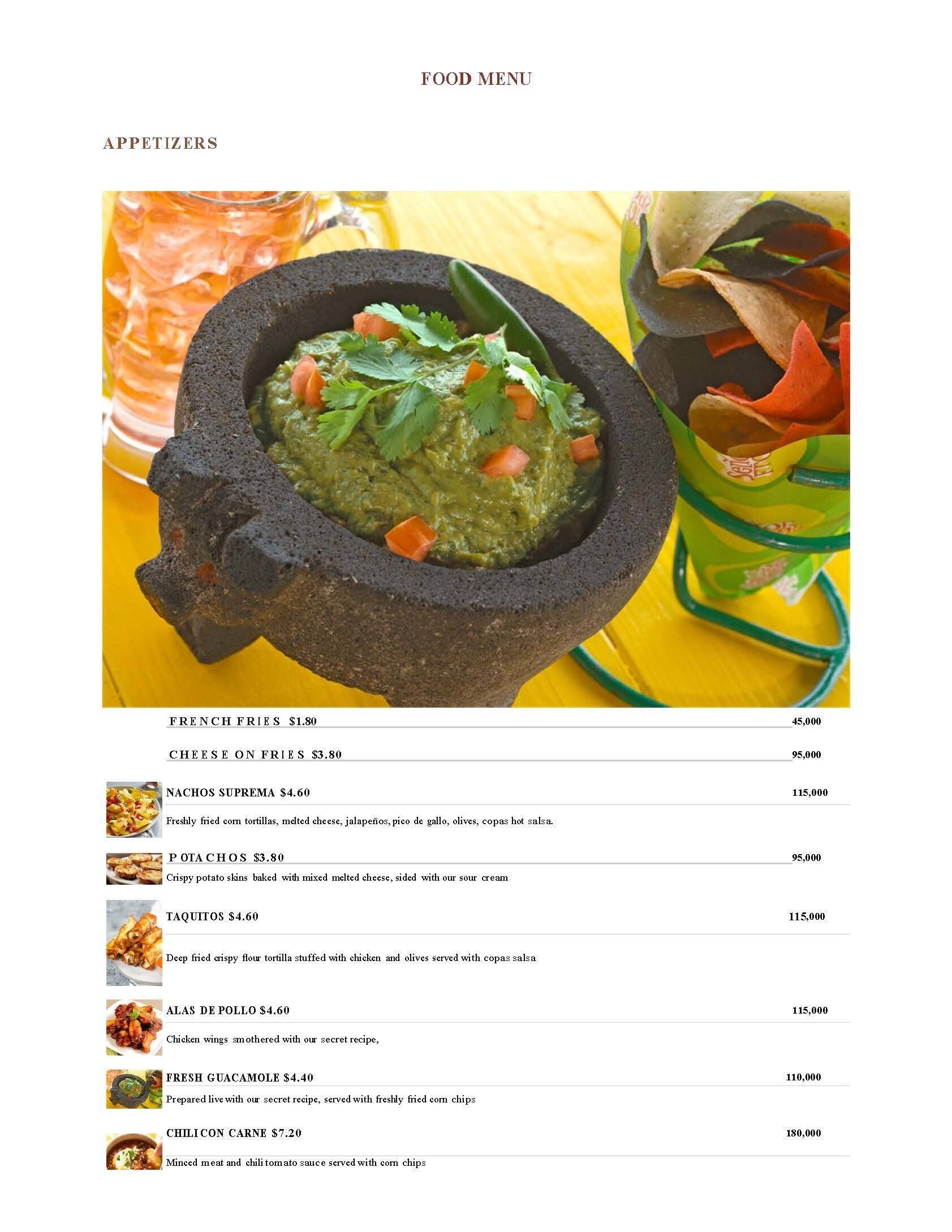 Copas Restaurant menu