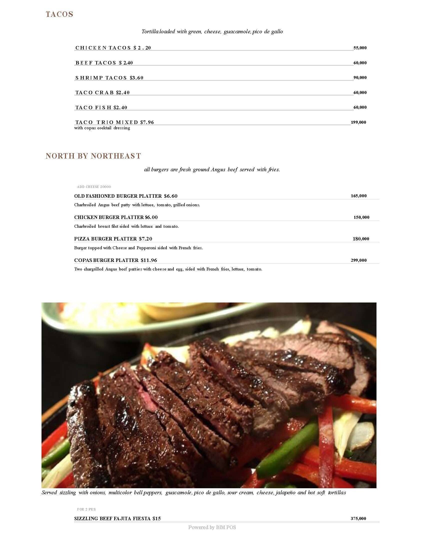 Copas Restaurant menu